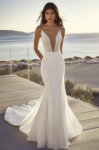 Simple Ivory Sweep Train Mermaid Spaghetti Straps Wedding Dress