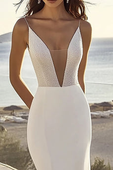 Simple Ivory Sweep Train Mermaid Spaghetti Straps Wedding Dress