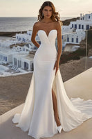 Load image into Gallery viewer, Ivory Chiffon Sweep Train Strapless Mermaid Wedding Dress With Slit