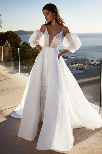 Ivory Sweep Train Spaghetti Straps A Line Wedding Dress