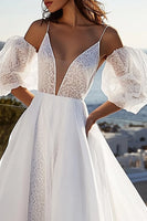 Load image into Gallery viewer, Ivory Sweep Train Spaghetti Straps A Line Wedding Dress