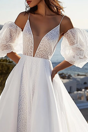 Ivory Sweep Train Spaghetti Straps A Line Wedding Dress