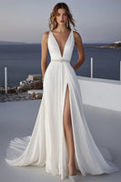 Load image into Gallery viewer, Ivory A Line Deep V-Neck Long Wedding Dress with Slit