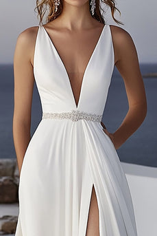 Ivory A Line Deep V-Neck Long Wedding Dress with Slit