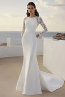 Load image into Gallery viewer, Ivory Satin Boat Neck Sweep Train Wedding Dress with Lace
