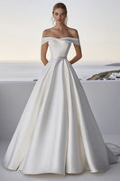 Load image into Gallery viewer, Ivory A Line Satin Off the Shoulder Long Wedding Dress