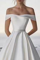 Load image into Gallery viewer, Ivory A Line Satin Off the Shoulder Long Wedding Dress