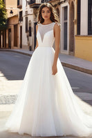Load image into Gallery viewer, Ivory A Line Illusion Scoop Neck Long Tulle Wedding Dress