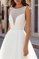Load image into Gallery viewer, Ivory A Line Illusion Scoop Neck Long Tulle Wedding Dress