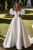 Load image into Gallery viewer, Ivory A Line Sweep Train Long Satin Wedding Dress with Puff Sleeves
