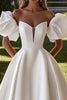Load image into Gallery viewer, Ivory A Line Sweep Train Long Satin Wedding Dress with Puff Sleeves