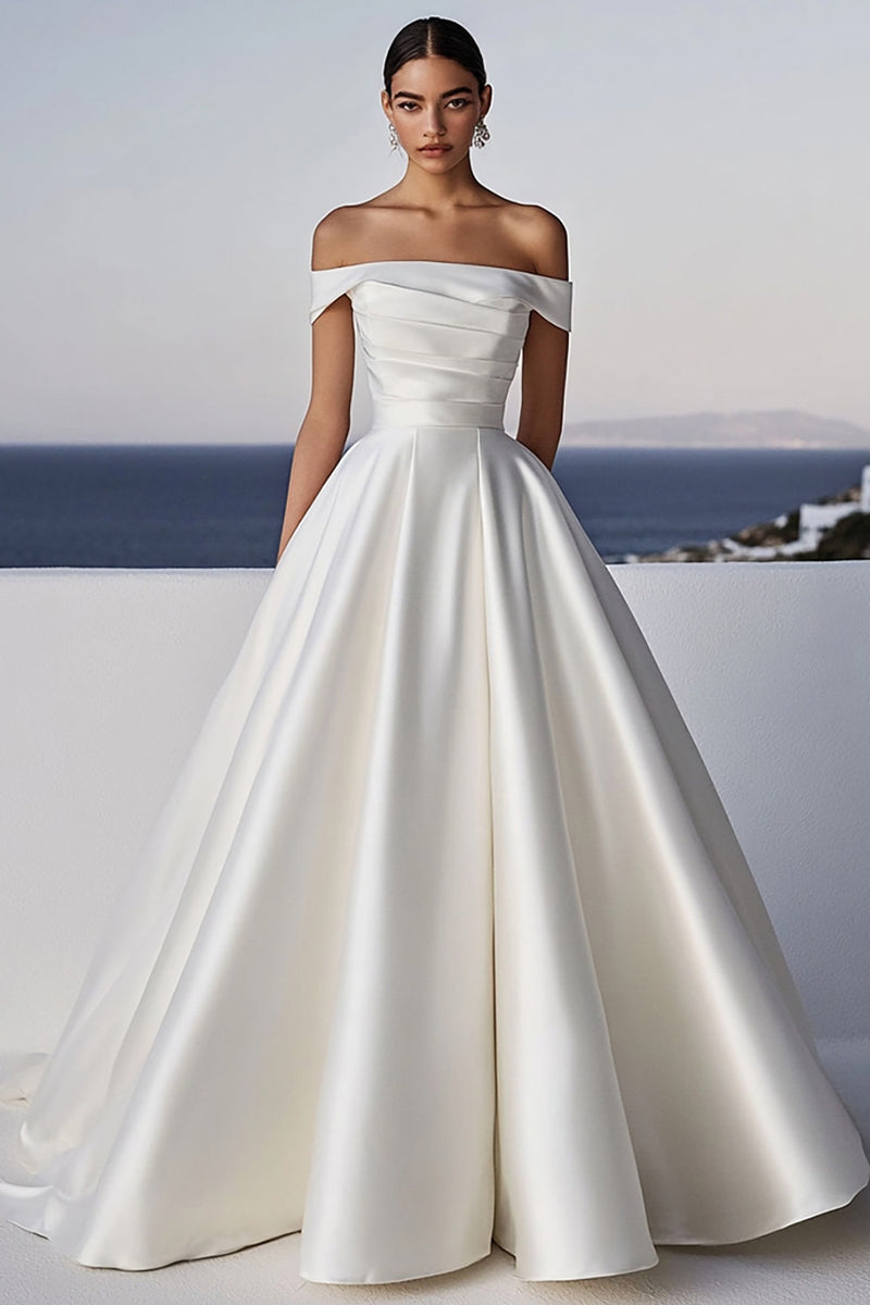 Load image into Gallery viewer, A Line Ivory Off the Shoulder Long Satin Wedding Dress