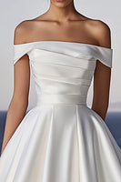 Load image into Gallery viewer, A Line Ivory Off the Shoulder Long Satin Wedding Dress
