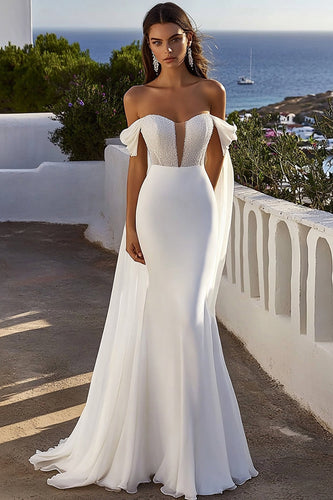 Mermaid Ivory Chiffon Long Off the Shoulder Wedding Dress