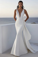 Load image into Gallery viewer, Mermaid Ivory Satin Long Deep V-Neck Wedding Dress