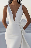 Load image into Gallery viewer, Mermaid Ivory Satin Long Deep V-Neck Wedding Dress