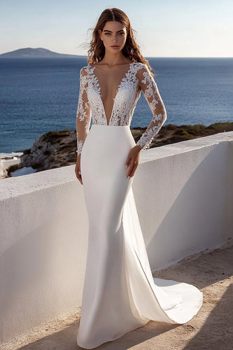 Mermaid Ivory Lace Sweep Train Deep V-Neck Wedding Dress