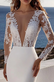 Mermaid Ivory Lace Sweep Train Deep V-Neck Wedding Dress