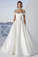 Load image into Gallery viewer, Ivory A Line Off the Shoulder Long Ruched Wedding Dress