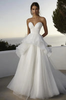 Load image into Gallery viewer, Ivory A Line Tulle Long Sweetheart Wedding Dress with Ruffles