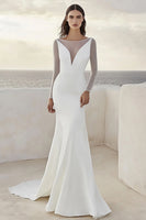 Load image into Gallery viewer, Ivory Sheath Sweep Train Satin Wedding Dress with Long Sleeves