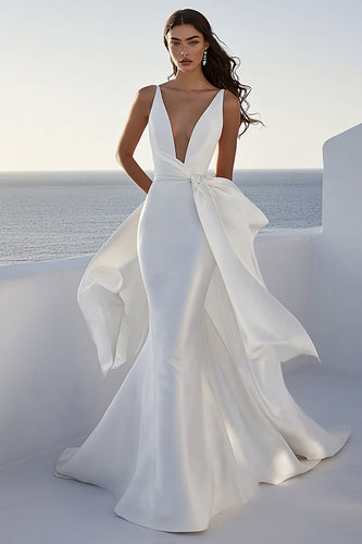 Ivory Mermaid Satin Deep V-Neck Long Wedding Dress