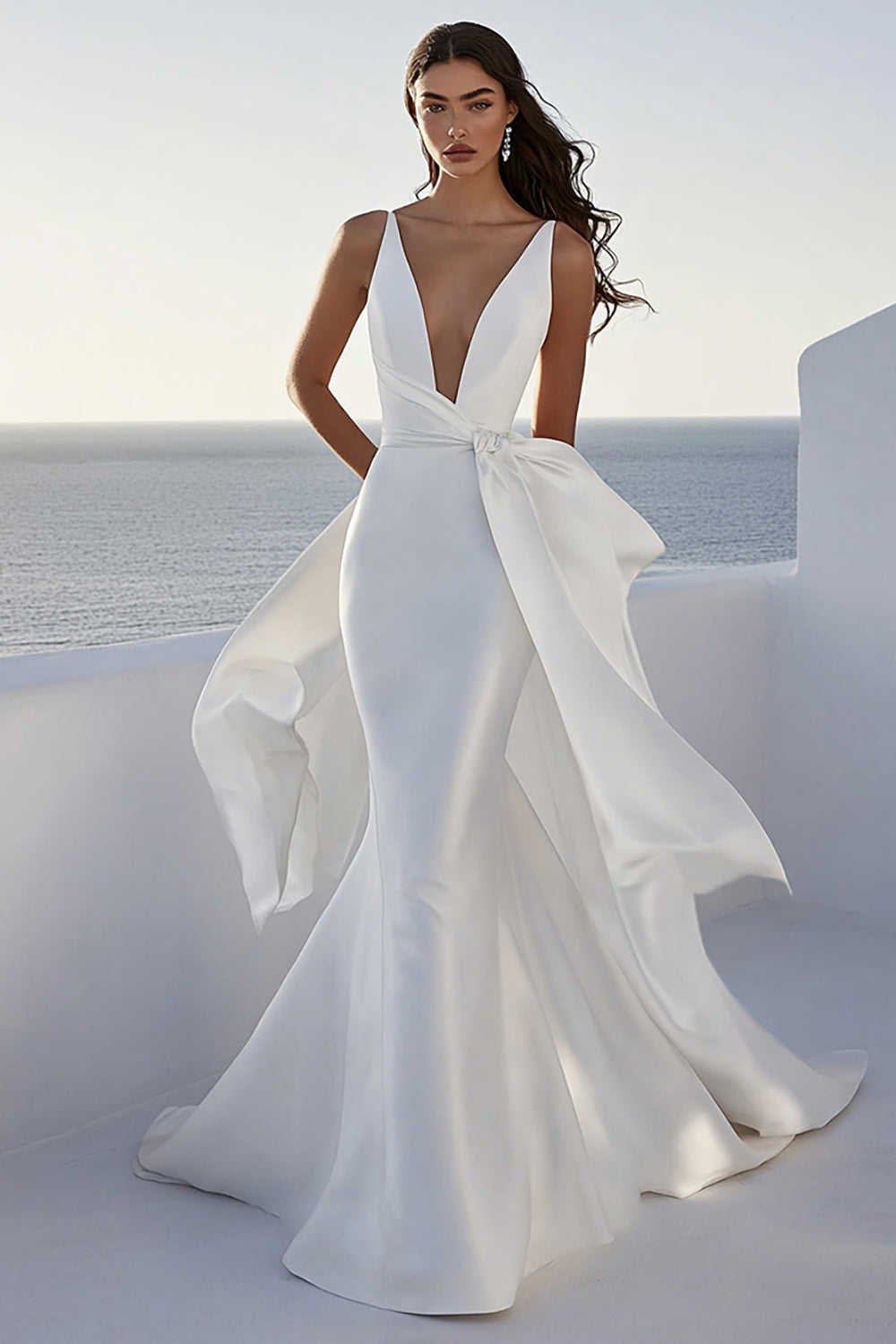Ivory Mermaid Satin Deep V-Neck Long Wedding Dress