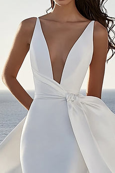 Ivory Mermaid Satin Deep V-Neck Long Wedding Dress
