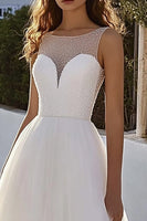 Load image into Gallery viewer, Ivory A Line Tulle Long Illusion Neck Wedding Dress