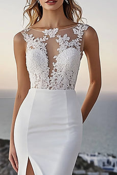 Ivory Mermaid Sweep Train Lace Wedding Dress with Slit