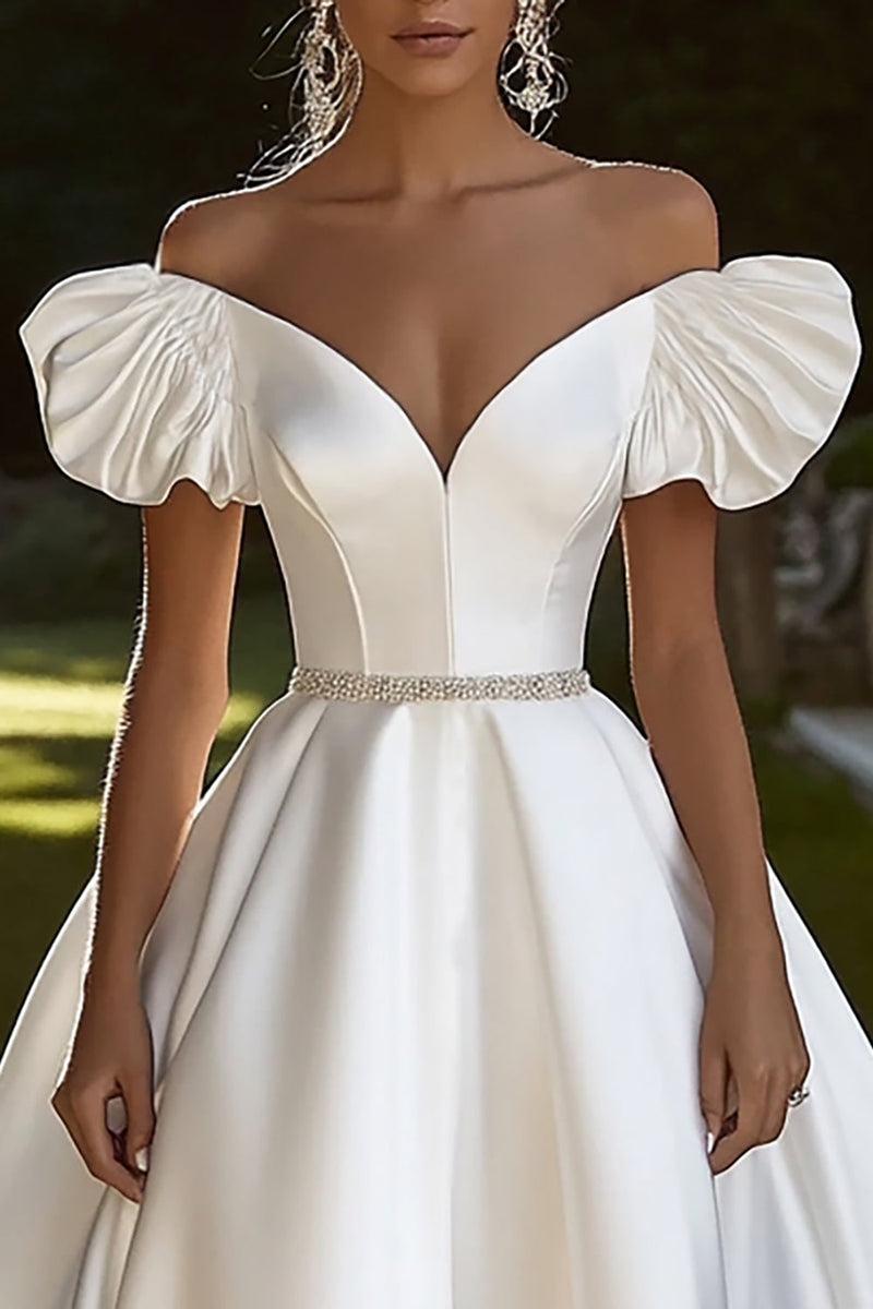 Load image into Gallery viewer, Ivory Satin Sweep Train Off the Shoulder Wedding Dress