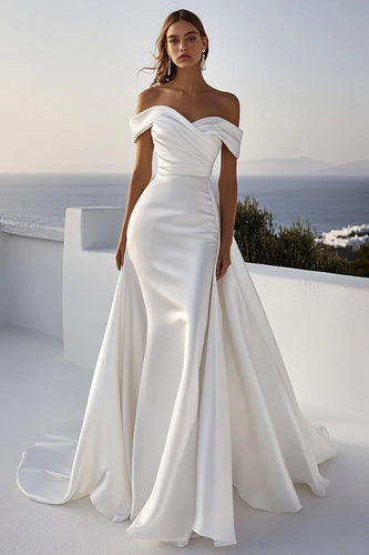 Ivory Satin Off the Shoulder Ruched Sweep Train Wedding Dress