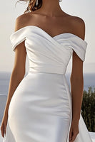 Load image into Gallery viewer, Ivory Satin Off the Shoulder Ruched Sweep Train Wedding Dress