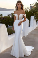 Load image into Gallery viewer, Ivory Off the Shoulder Mermaid Sweep Train Wedding Dress