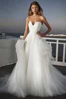 Load image into Gallery viewer, Ivory Tulle A Line Sweep Train Wedding Dress with Ruffles