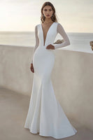 Load image into Gallery viewer, Ivory Satin Deep V-Neck Wedding Dress with Long Sleeves