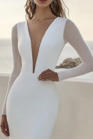 Load image into Gallery viewer, Ivory Satin Deep V-Neck Wedding Dress with Long Sleeves