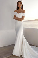 Load image into Gallery viewer, Ivory Sweep Train Off the Shoulder Sheath Wedding Dress