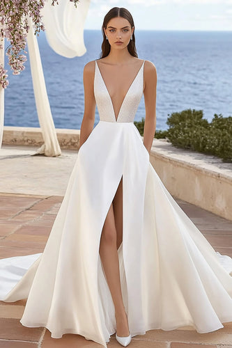 Ivory Sweep Train Deep V-Neck A Line Wedding Dress with Slit