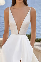 Load image into Gallery viewer, Ivory Sweep Train Deep V-Neck A Line Wedding Dress with Slit