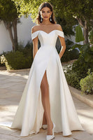 Load image into Gallery viewer, A Line Ivory Sweep Train Off the Shoulder Wedding Dress with Slit