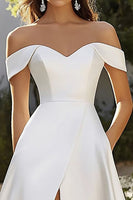 Load image into Gallery viewer, A Line Ivory Sweep Train Off the Shoulder Wedding Dress with Slit