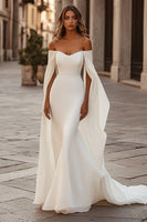 Load image into Gallery viewer, Ivory Sweep Train Off the Shoulder Cape Wedding Dress