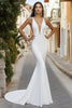 Load image into Gallery viewer, Ivory Sweep Train Mermaid Deep V-Neck Wedding Dress