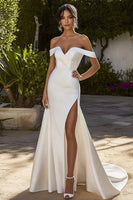 Load image into Gallery viewer, Off the Shoulder Ivory Sweep Train Wedding Dress with Slit