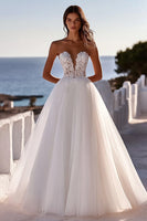 Load image into Gallery viewer, Ivory Strapless A Line Long Lace Wedding Dress