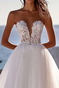 Ivory Strapless A Line Long Lace Wedding Dress