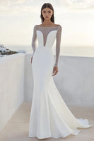 Load image into Gallery viewer, Ivory Sweep Train Illusion Neck Wedding Dress with Long Sleeves