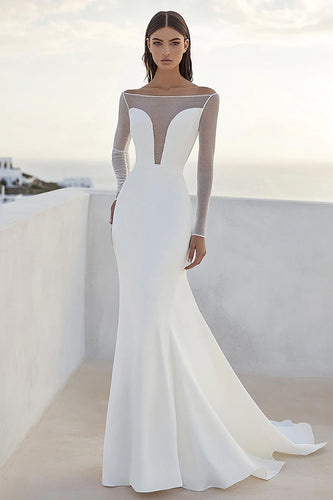 Ivory Sweep Train Illusion Neck Wedding Dress with Long Sleeves