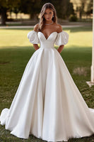 Load image into Gallery viewer, Ivory Sweep Train Off the Shoulder Ball Gown Wedding Dress